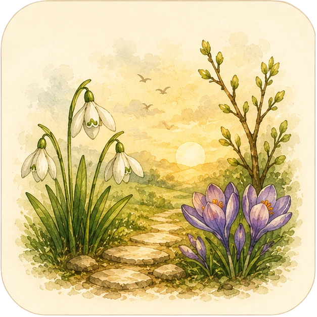 Frühling mit Schneeglöckchen, Krokussen und Knospen