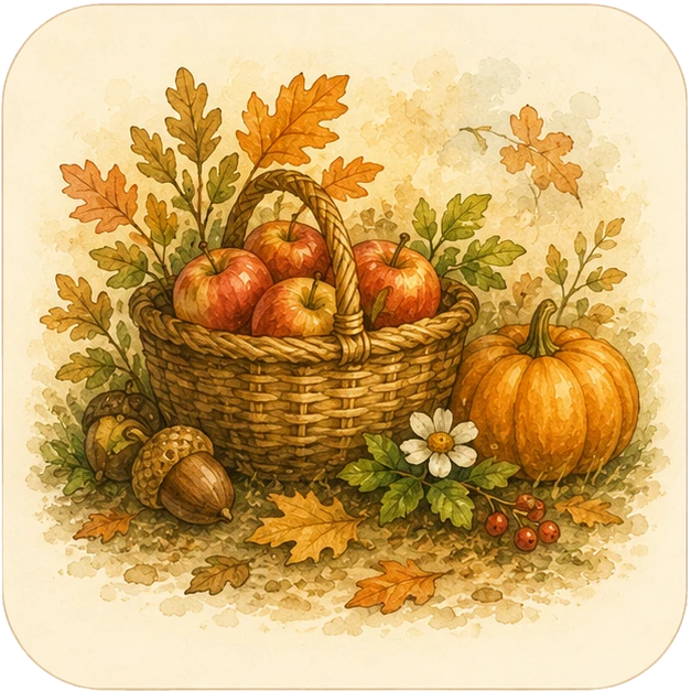 Herbst mit Äpfeln, Kürbis, Eicheln und bunten Blättern