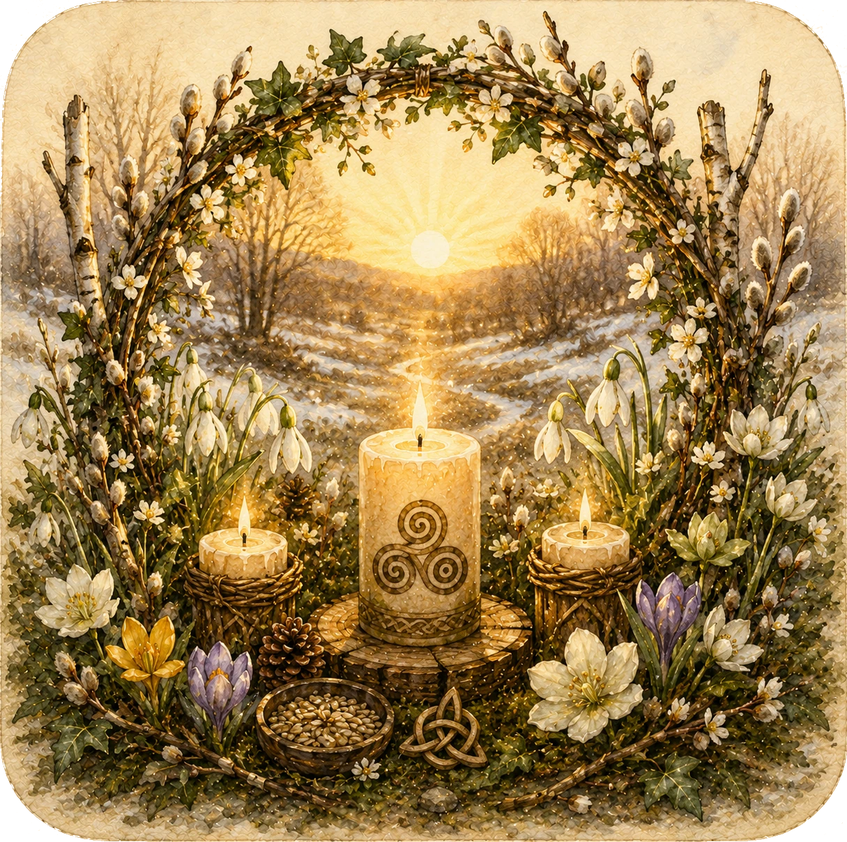Imbolc mit Kerzen und ersten Frühlingsblüten