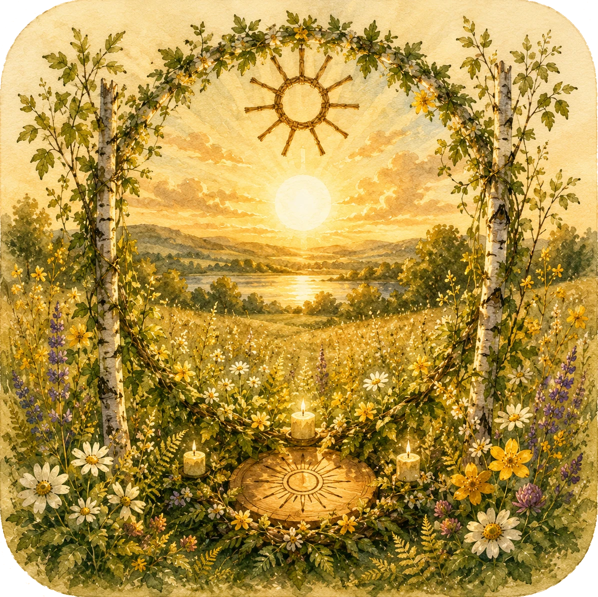 Litha Sommersonnenwende mit Sonne und Sommerblüten