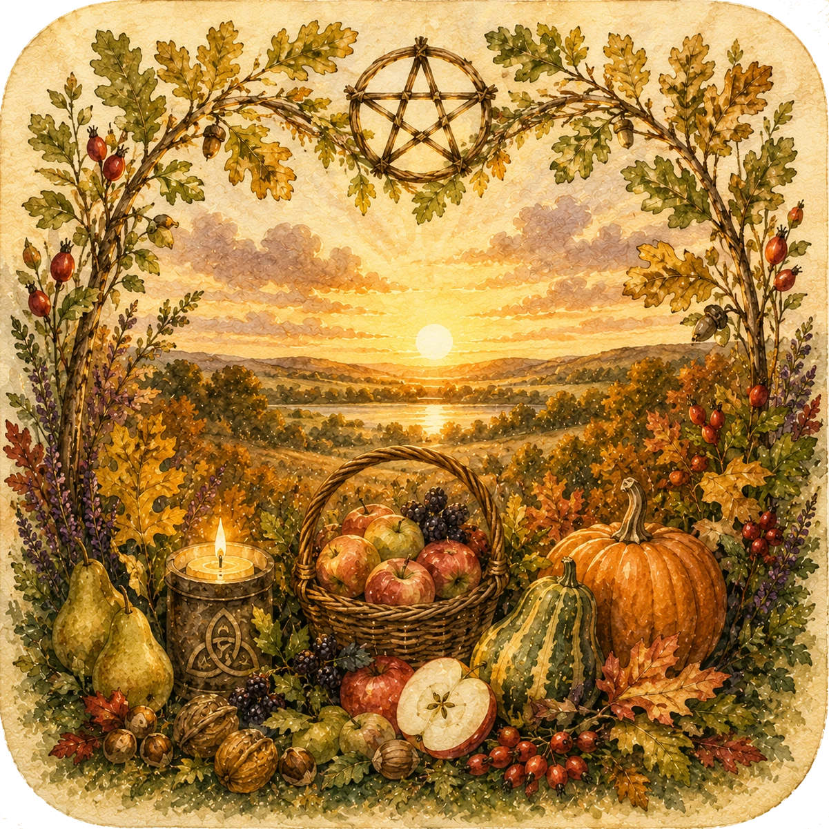 Mabon Herbstfest mit Äpfeln und Kürbis