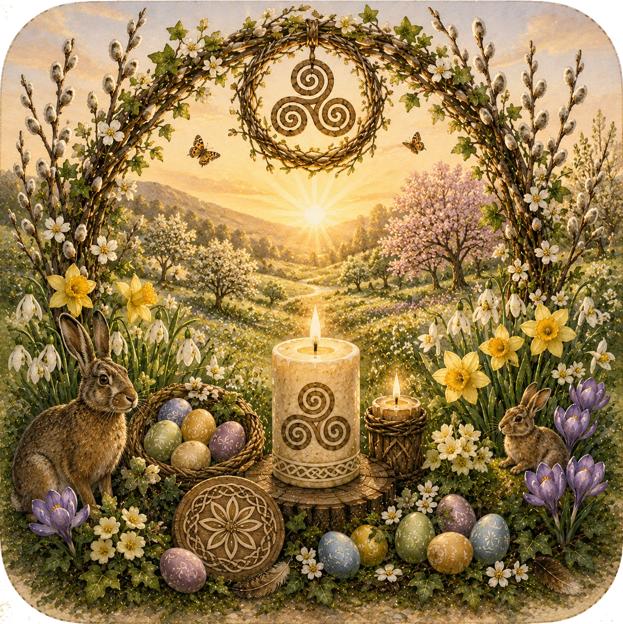Ostara Frühlingsfest mit Blüten, Hase und Eiern