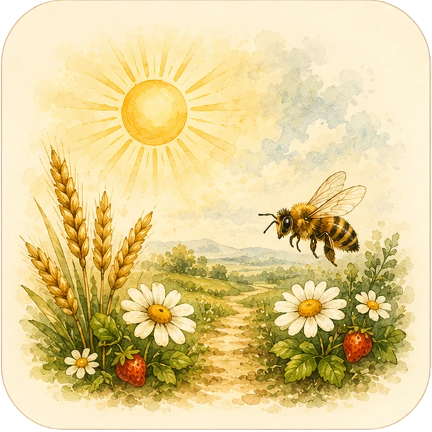 Sommer mit Sonne, Kornähren, Blüten und Biene