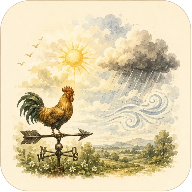 Wetterzeichen der Natur mit Sonne, Wolken, Regen und Wetterhahn