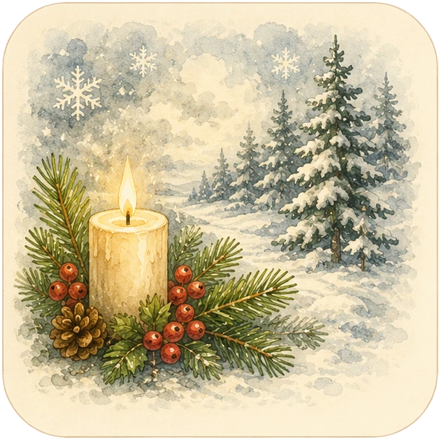Winter mit Kerze, Tannengrün, Beeren und Schnee
