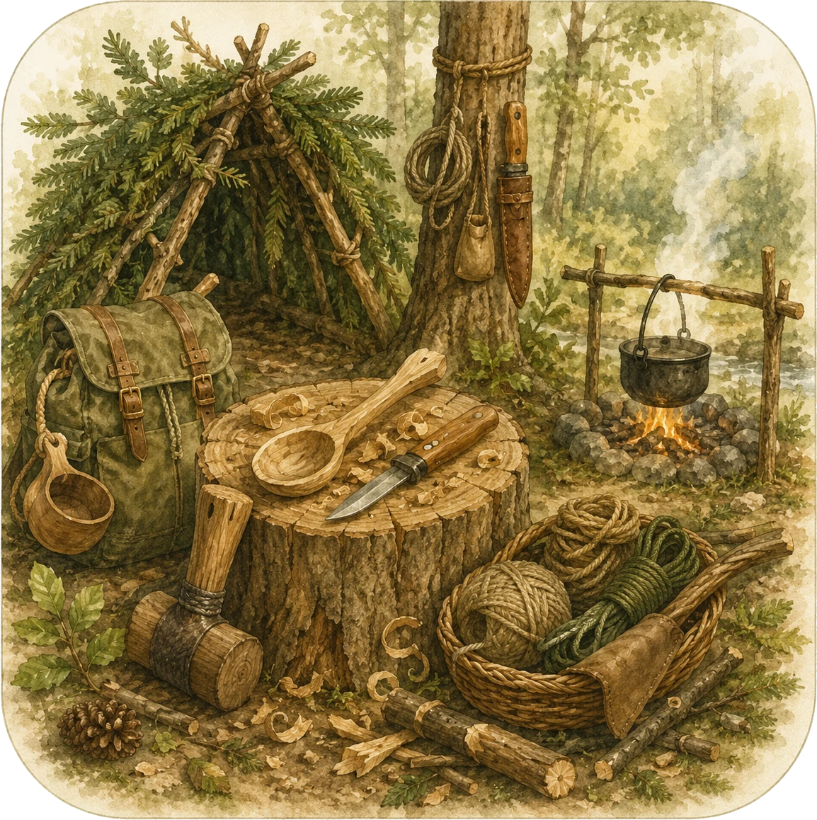 Illustration einer Bushcraft Szene mit Holzhandwerk, Feuerstelle und Ausrüstung im Wald