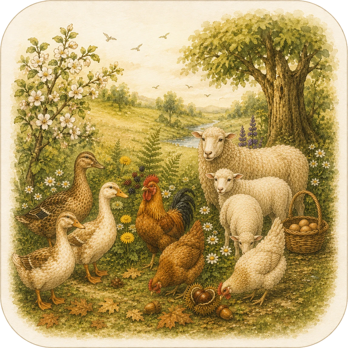 Illustration von Laufenten, Hühnern und Schafen in einer naturverbundenen Landschaft