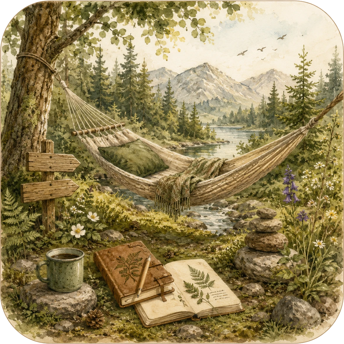 Illustration einer ruhigen Naturstelle mit Hängematte, Bergen, Wald und Naturtagebuch