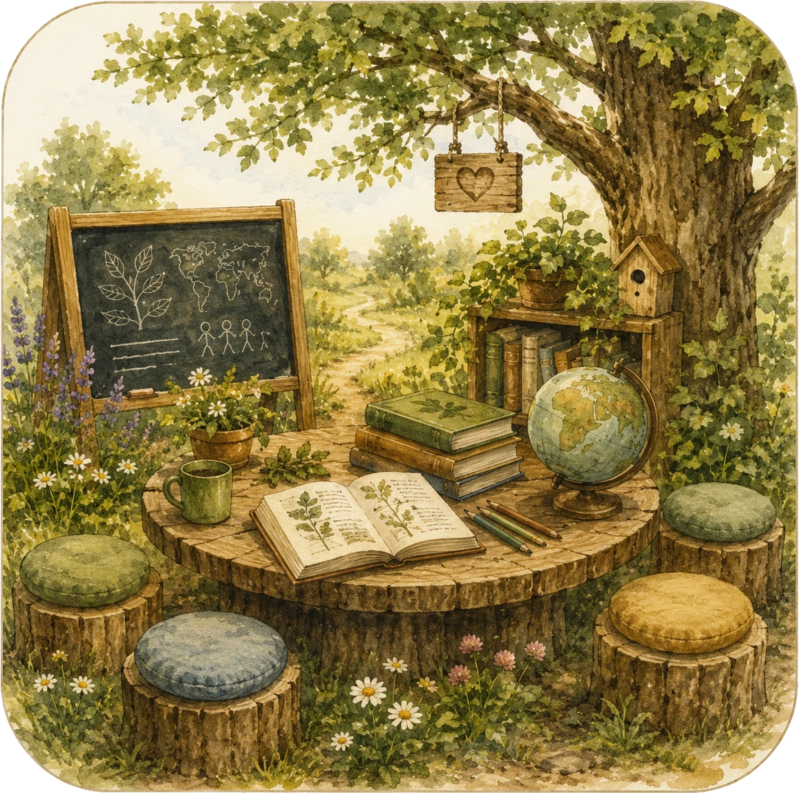 Illustration eines Lernplatzes in der Natur mit Büchern, Tafel und Pflanzenwissen
