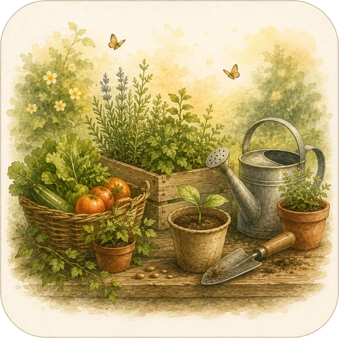 Illustration einer ruhigen Gartenwelt mit Hochbeet, Kräutern und Gemüse
