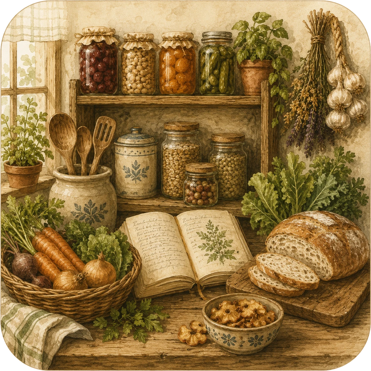 Illustration einer Vorratskammer mit eingelegten Lebensmitteln, Kräutern und Brot
