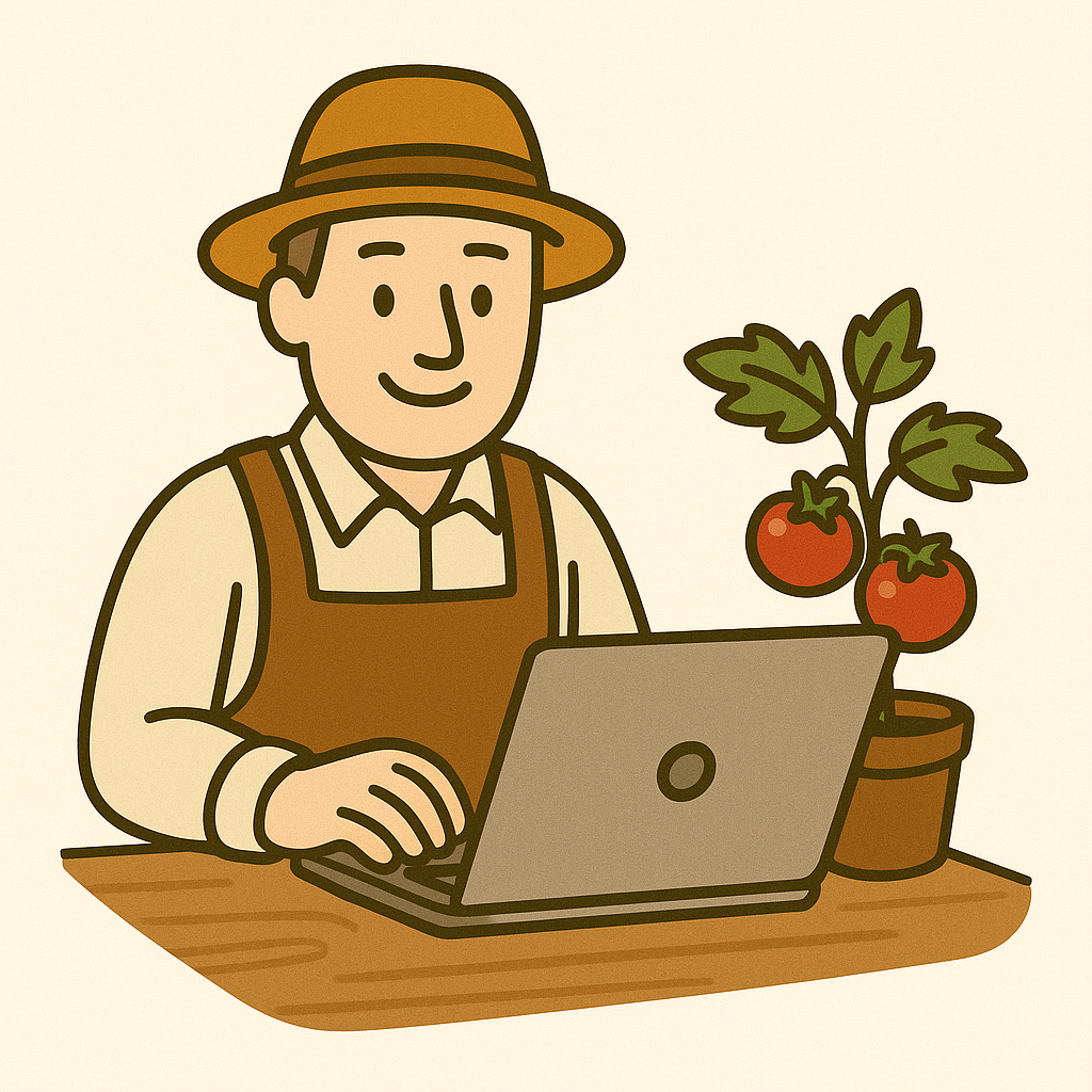 Selbstversorgung – Selbstversorger im Garten am Laptop