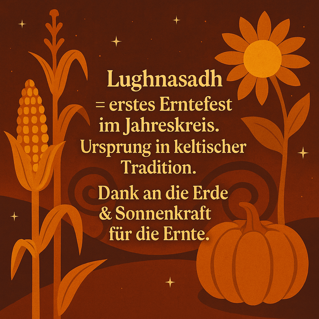 Lughnasadh Erntefest – Dank an die Sonne und die Erde für die reiche Ernte. Symbolische Illustration mit Getreide, Kürbis und Sonne, inspiriert von alten keltischen Traditionen.