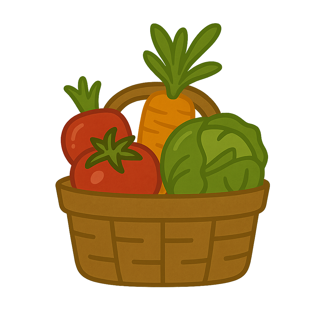 Flache Illustration eines Gemüsekorbs mit frischem Gartengemüse wie Karotten, Salat, Tomaten und Kürbis in warmen Naturfarben – Symbol für Gemüseanbau und Gemüsegarten.