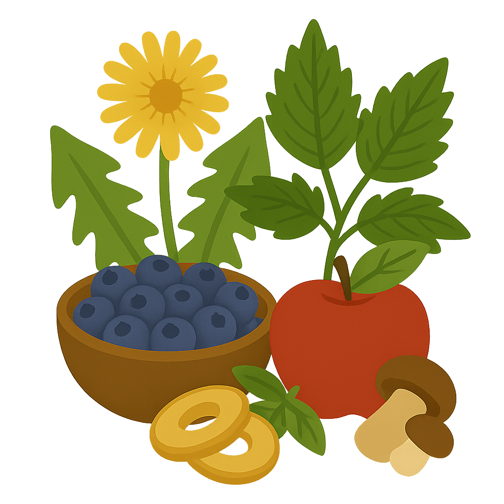 Wildkräuter, Beeren und Knoblauch in Holzschale – Symbol für natürliche Ernährung aus Wildpflanzen.