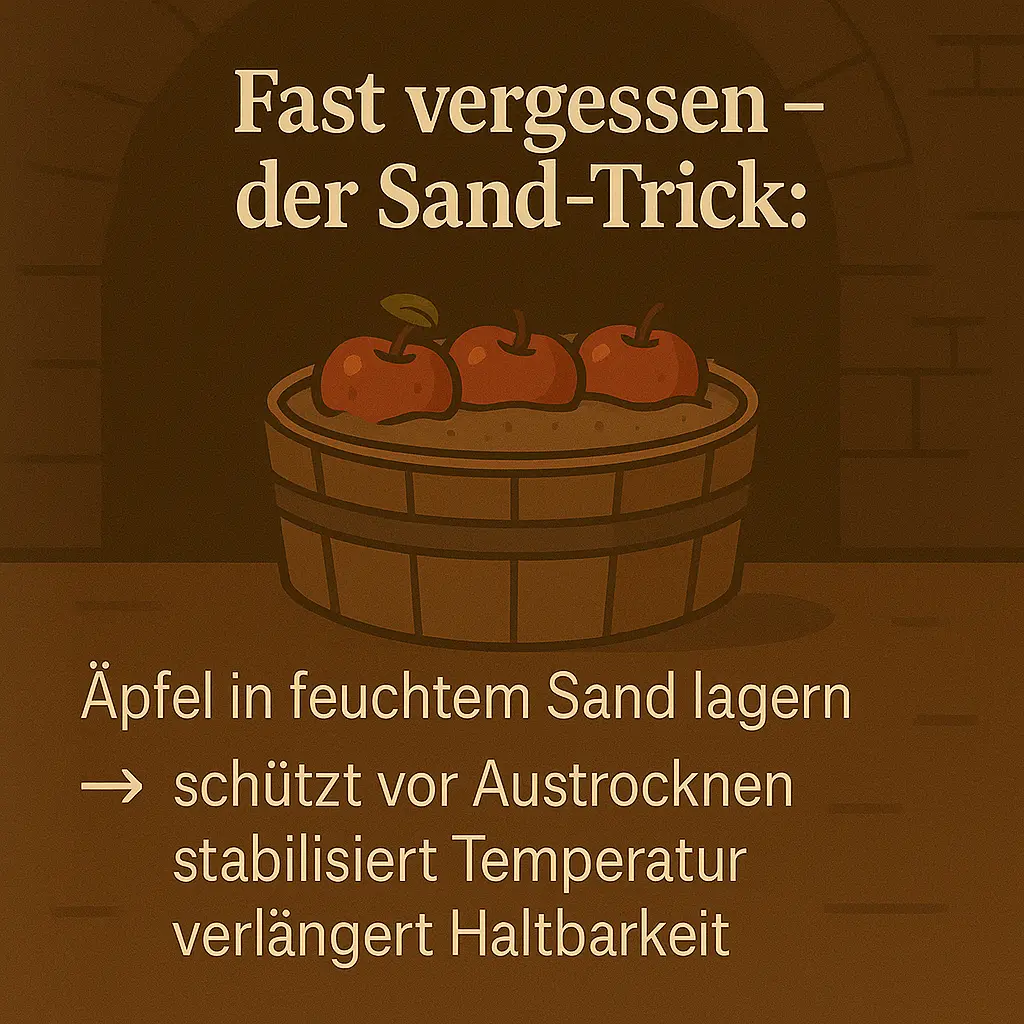Illustration: Äpfel liegen in feuchtem Sand in Holzbottich.