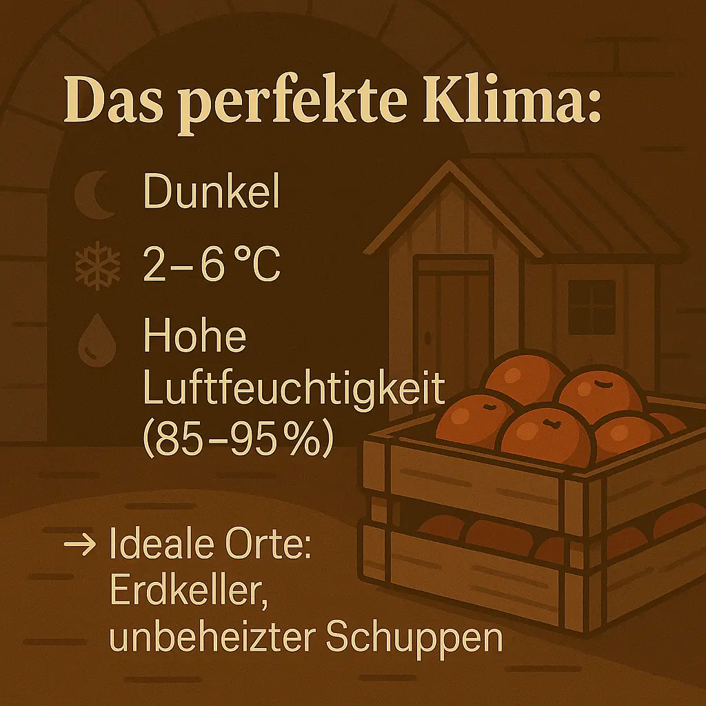 Apfelkiste vor Lagerhaus bei Nacht mit Symbolen für Temperatur und Feuchtigkeit.