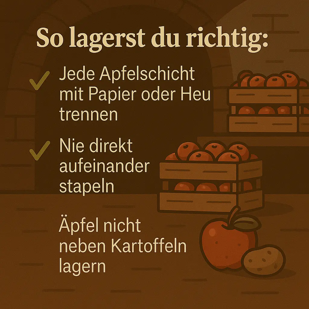 Apfelkisten im Keller, Schichten mit Papier getrennt.