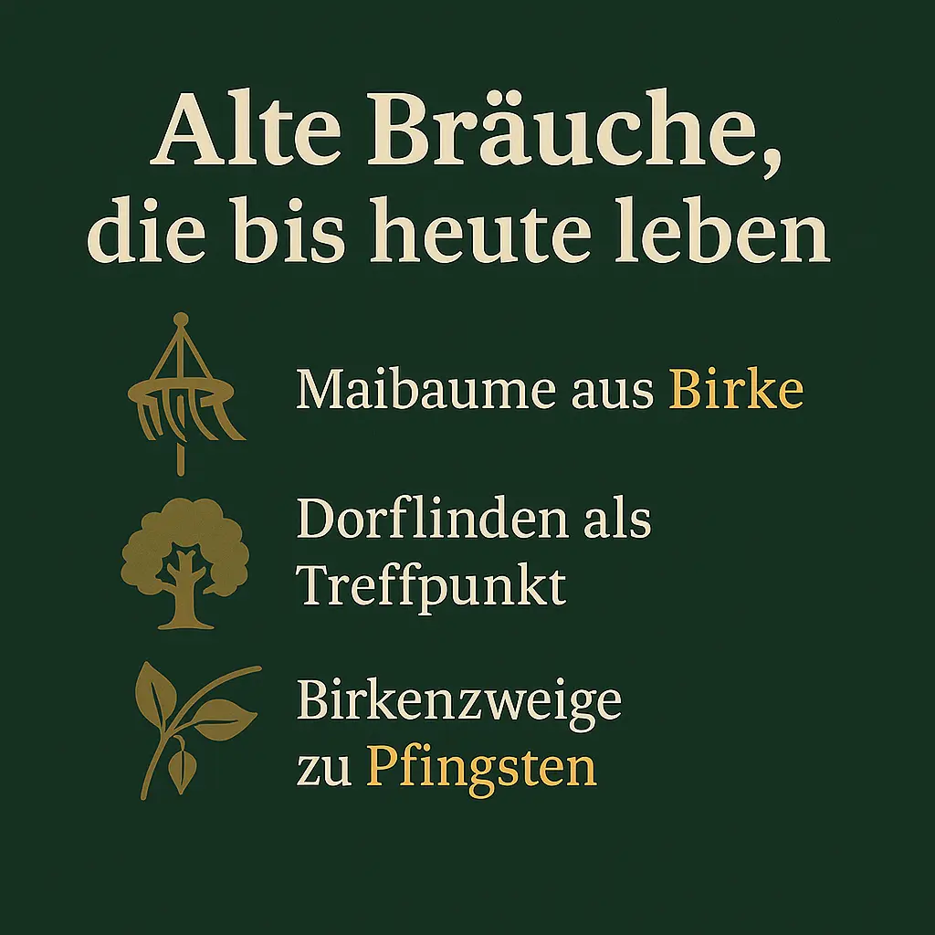 Symbole von Maibaum, Dorflinde und Zweigen – Zeichen alter Bräuche.