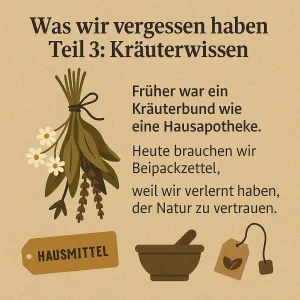 Kräuterbund mit Kamillenblüten und Schild „Hausmittel“.