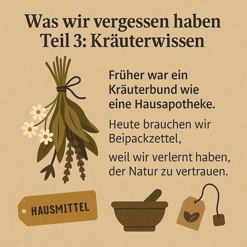 Kräuterbund mit Kamillenblüten und Schild „Hausmittel“.