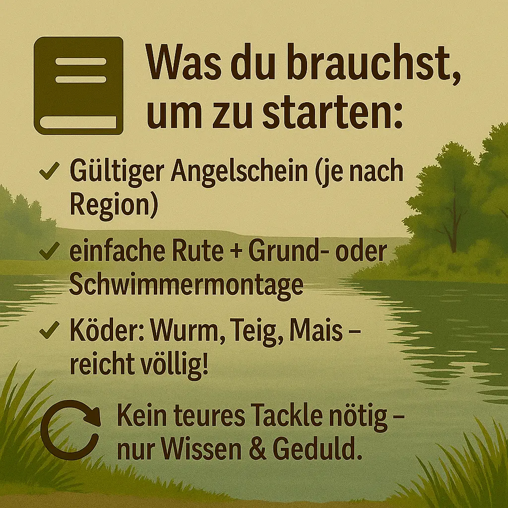 Angelausrüstung mit Rute, Köder und Seeufer – Grundausstattung für Anfänger.