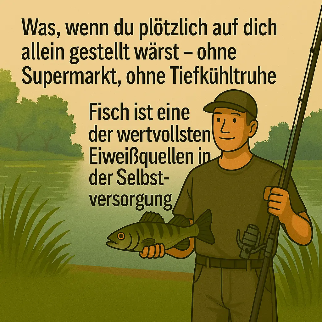 Angler hält gefangenen Fisch am See – nachhaltige Eiweißquelle aus der Natur.