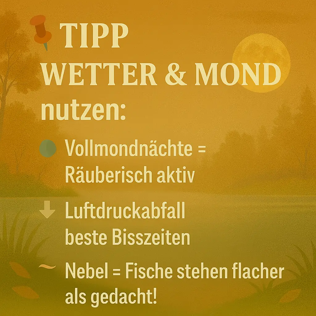 Mond über See mit Nebel – Symbol für nächtliche Fangbedingungen.