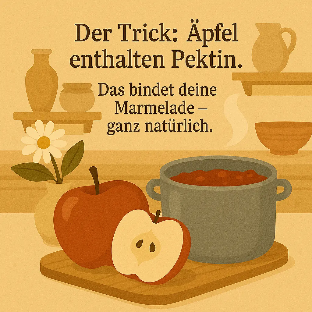 Apfel und Topf mit kochender Marmelade in Küche.