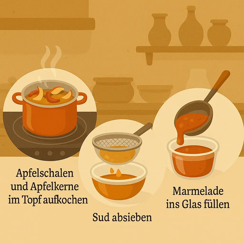 Kochtopf mit Apfelschalen und Kernen, Sieb und Marmeladenglas daneben.