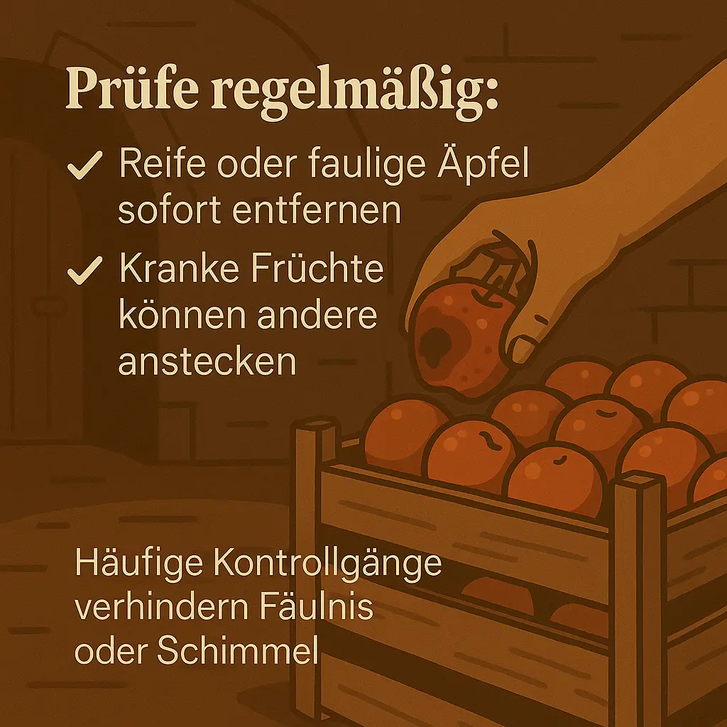 Hand entnimmt fauligen Apfel aus Holzkiste im Keller.