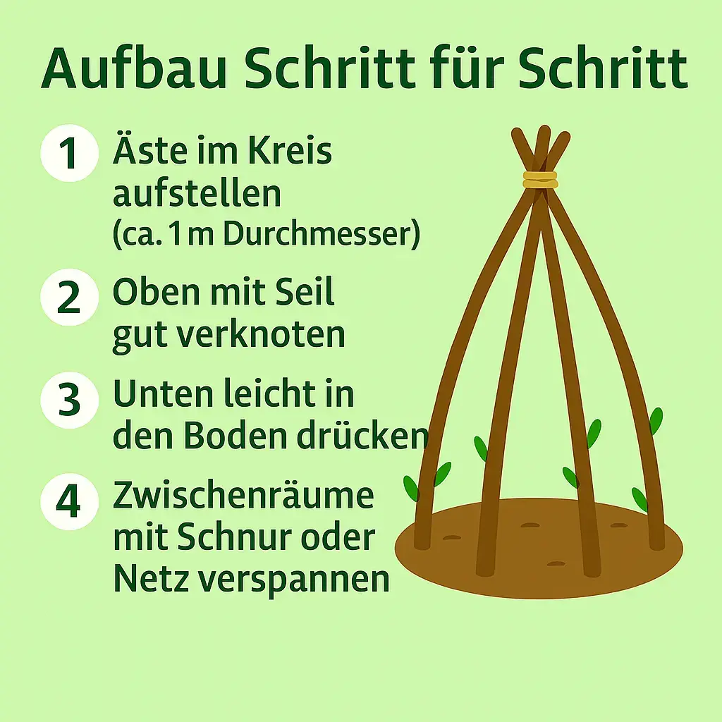 Schritt-für-Schritt-Anleitung für den Aufbau eines Rank-Tipis mit Ästen und Seil.