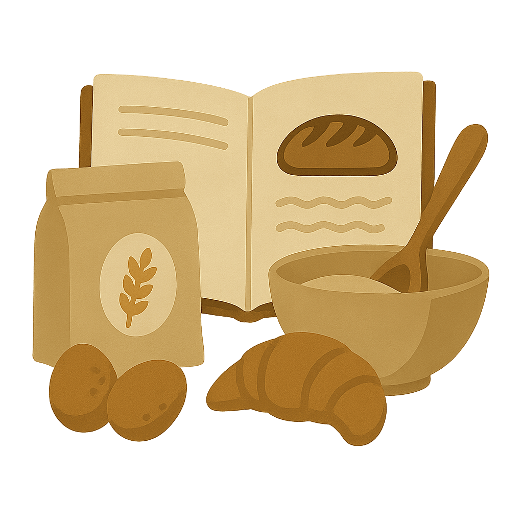 Brot, Schüssel und Backzutaten – Symbol für hausgemachtes Backen.