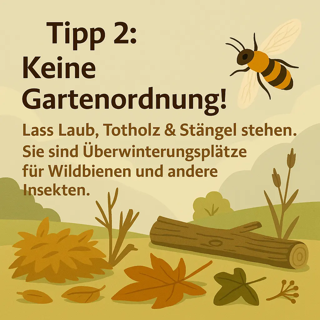 Biene über Laub, Zweigen und Totholz – natürliche Überwinterungsplätze im Garten.