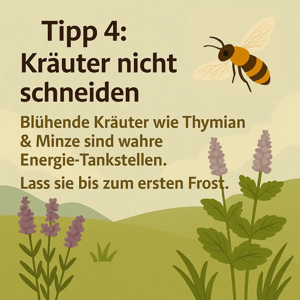 Biene fliegt über blühenden Thymian und Minze im Garten.