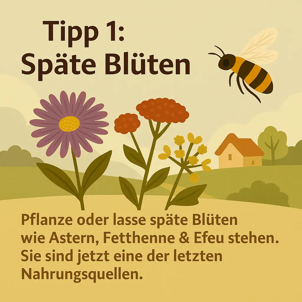 Herbstliche Blüten wie Astern und Fetthenne bieten Bienen Nahrung im Herbst.