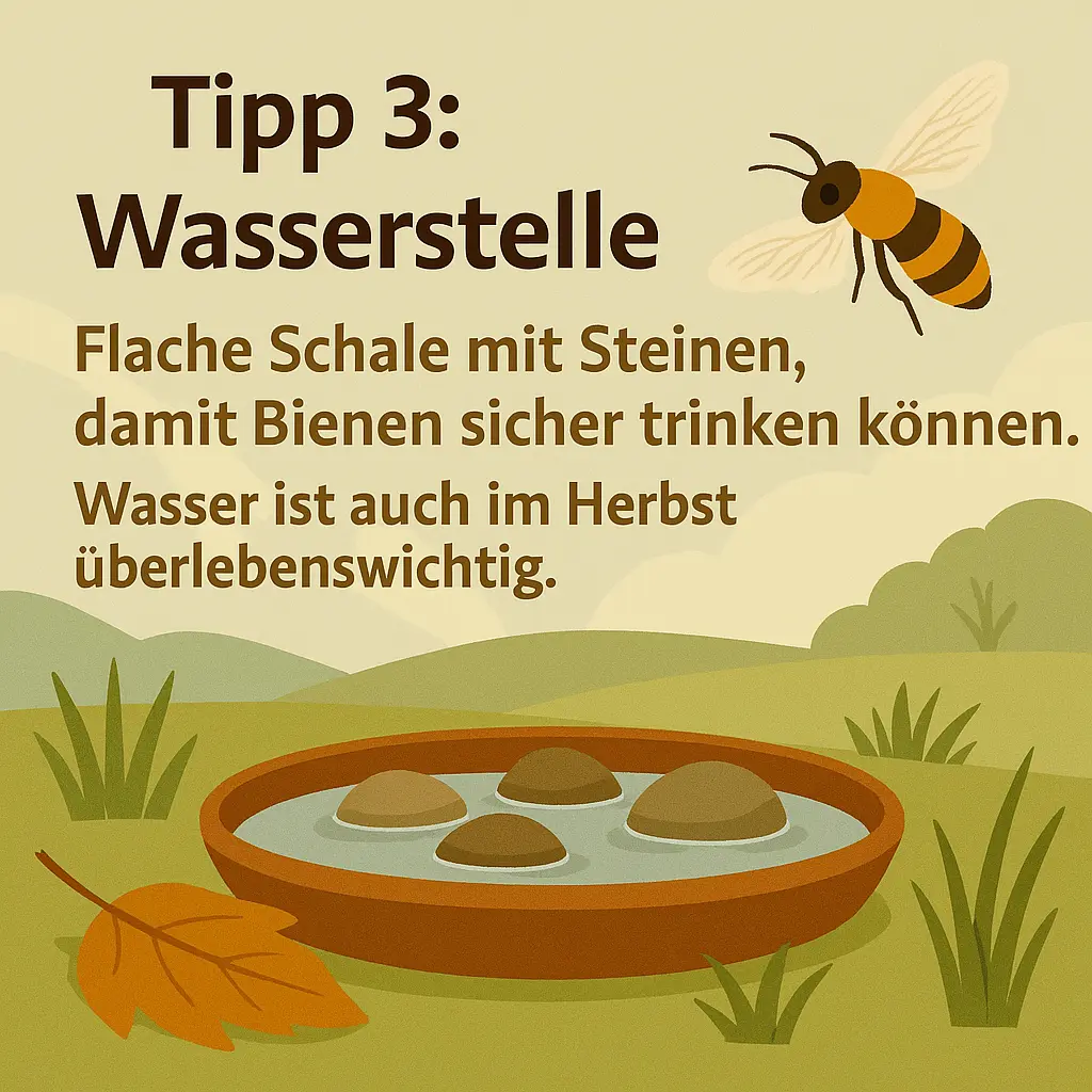 Flache Wasserschale mit Steinen als bienenfreundliche Tränke.