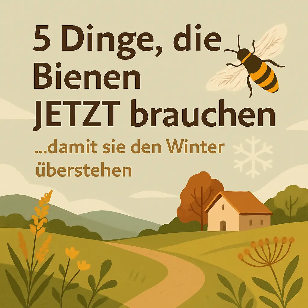 Illustration mit fliegender Biene über Herbstlandschaft und Haus – Titelgrafik zu Wintertipps und Bienenhilfe