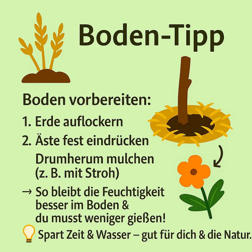 Illustration zeigt Erde, Mulch und Pflanze – Anleitung zur Bodenpflege für Rank-Tipis.
