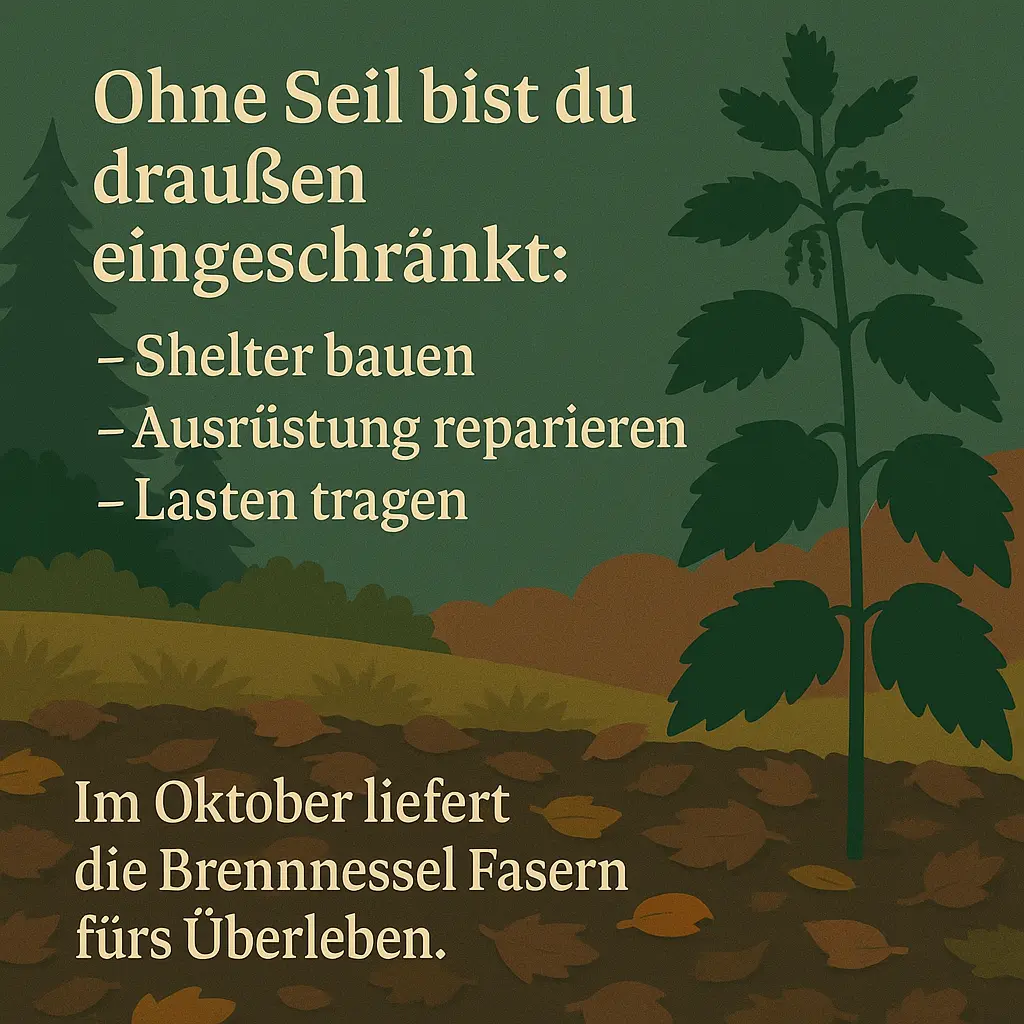 Brennnesselpflanze auf Waldlichtung mit Text über Shelterbau.