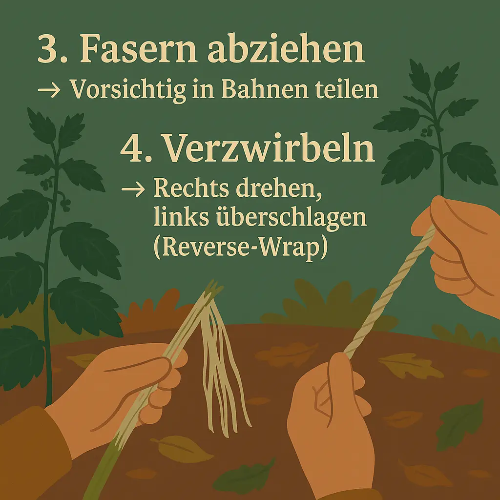 Zwei Hände zwirbeln Brennnesselfasern zu Seil.