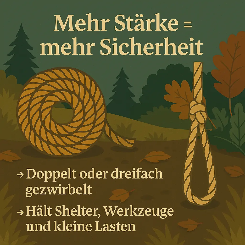 Zusammengerolltes Seil und Knoten im Wald.