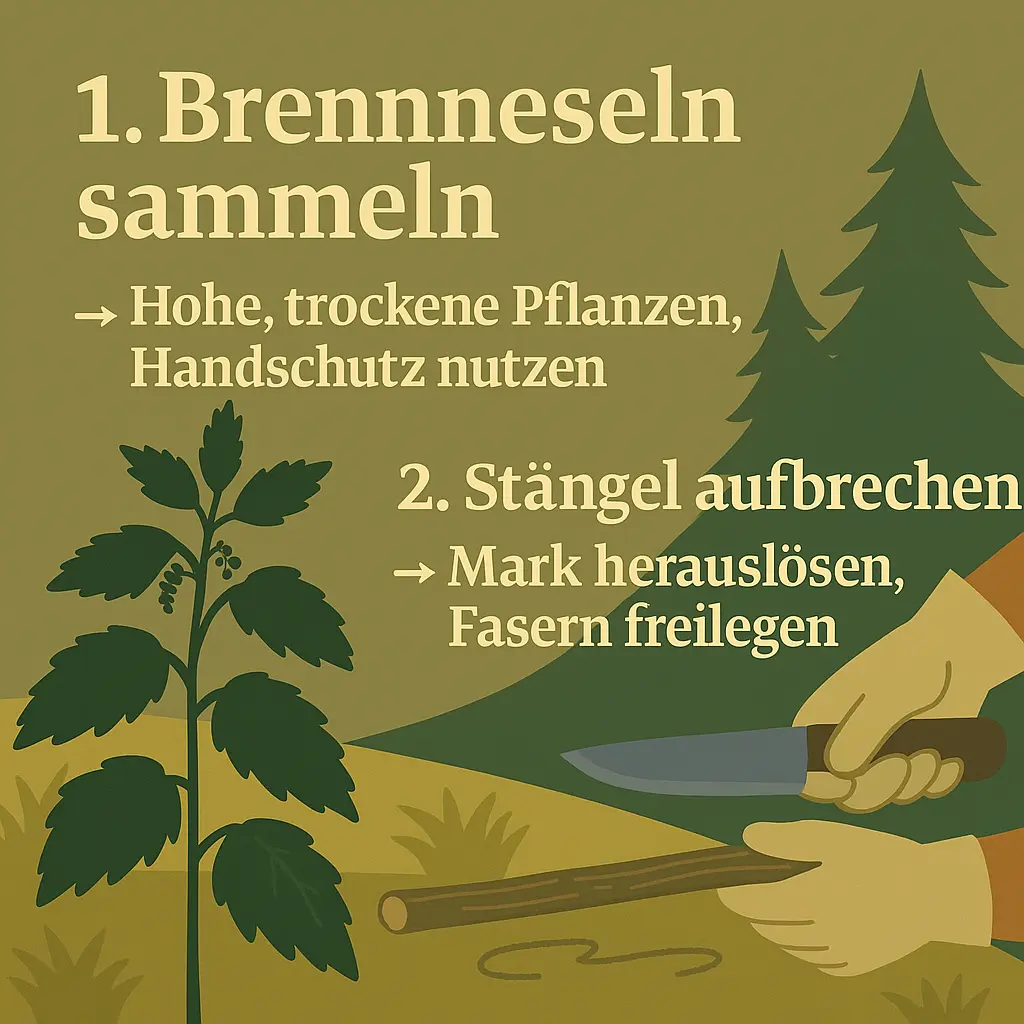 Hand mit Messer bricht Brennnesselstängel auf, um Fasern freizulegen.