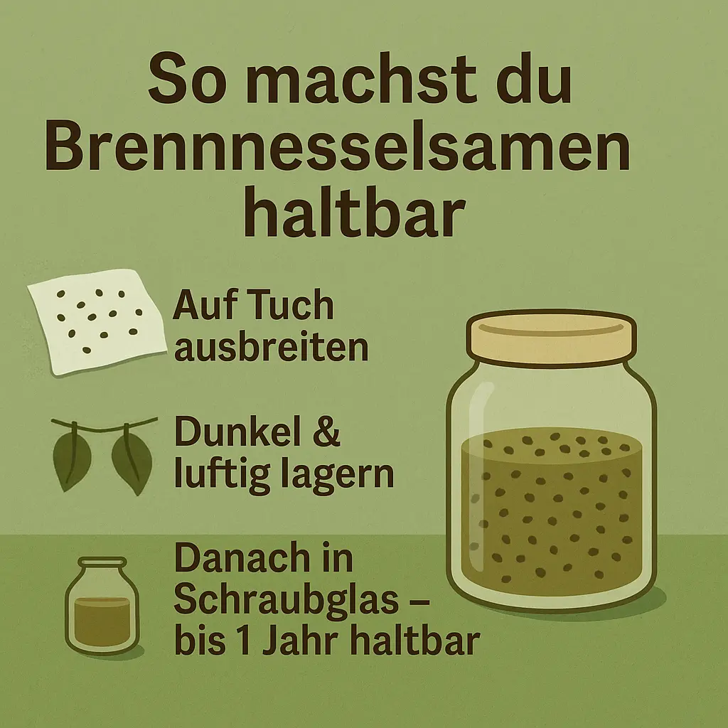 Glas mit getrockneten Brennnesselsamen und Trocknungshinweis.