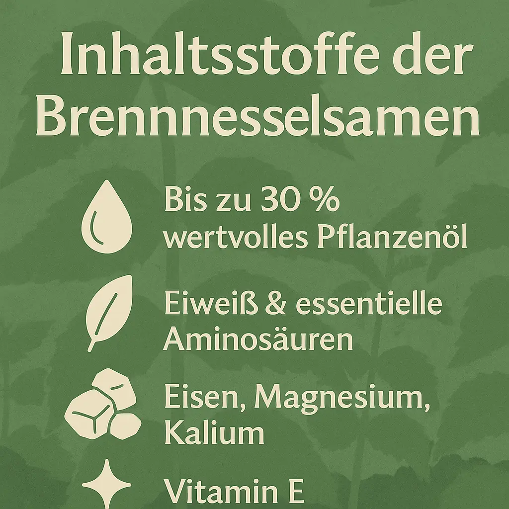 Brennnesselsamen Inhaltsstoffe – Eiweiß, Pflanzenöl, Magnesium, Vitamin E.