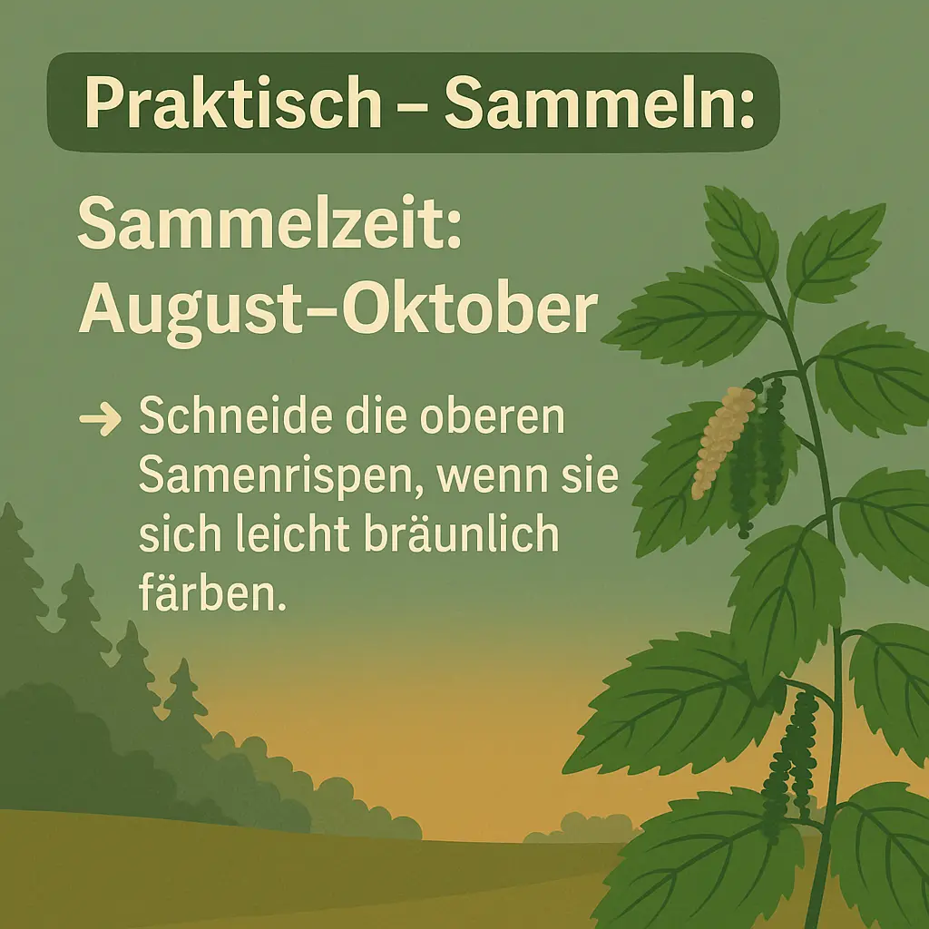 Brennnesselpflanze mit Samenrispen und Sammelhinweis.