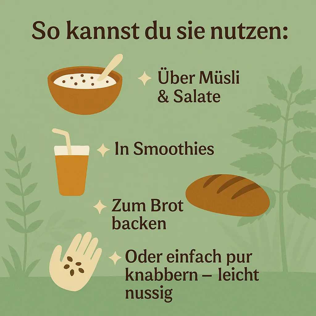 Verwendung von Brennnesselsamen – in Müsli, Brot und Smoothies.
