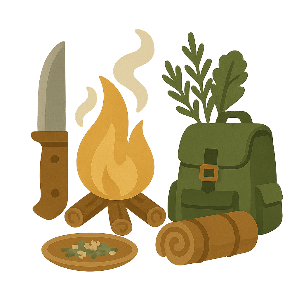 Messer, Feuer und Rucksack – Symbol für Bushcraft und Survival.