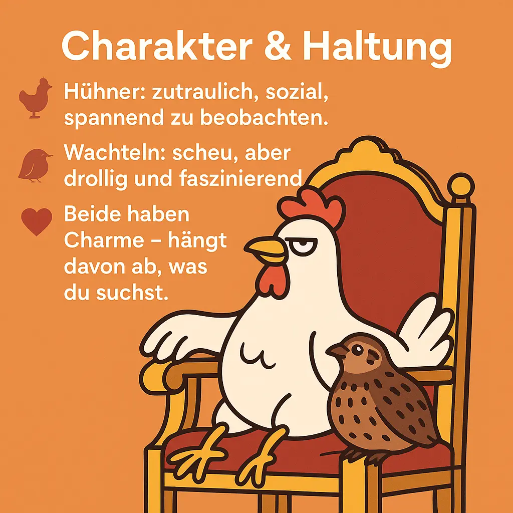Huhn sitzt auf Thron mit kleiner Wachtel daneben.