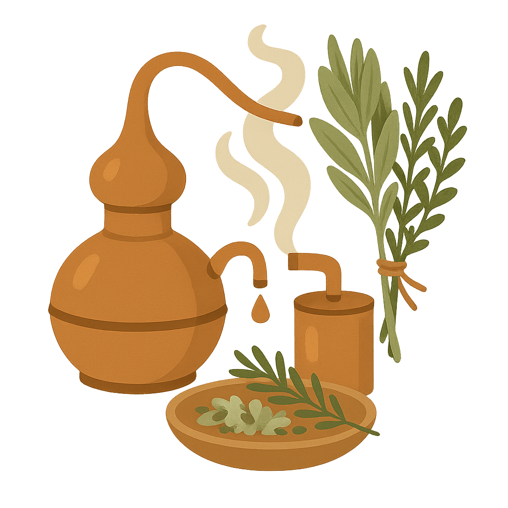 Destilliergerät und Kräuter – Symbol für ätherische Öle und Räucherkunst.